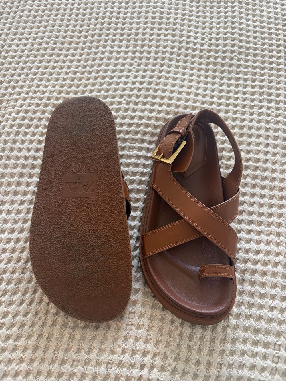 Zara Tan Leather Crisscross Sandals with Gold Buckles - Picture 4 of 4